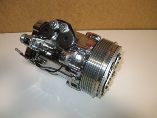 Chrome Mini AC Compressor - Sanden SD-7 Style - Serpentine Pulley #HC5005C